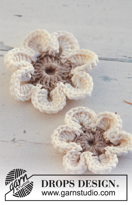 Daisy Twist / DROPS 129-40 - Crochet DROPS flowers in ”Lin” and ”Muskat”.
