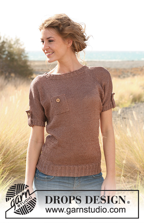 Safari / DROPS 130-5 - DROPS svetřík - tričko s krátkým rukávem a kapsičkou pletený z příze Cotton Viscose. Velikost: S-XXXL.