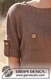 Safari / DROPS 130-5 - Gestrickter Pullover mit kurzen Ärmeln, Brusttasche und Ärmellaschen in DROPS Cotton Viscose oder DROPS Safran. Grösse S - XXXL.
