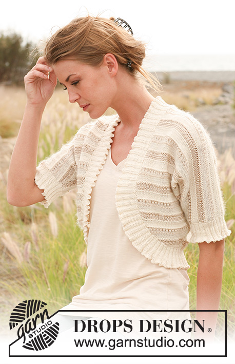 Emeline / DROPS 130-9 - Knitted DROPS bolero with stripes and textured pattern in ”Safran”, ”Vivaldi” and ”Cotton Viscose”. Size: S - XXXL 