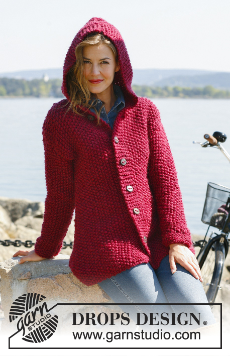 Aurora / DROPS 132-9 - Knitted DROPS jacket in seed st with hood in ”Andes” or ”Snow”. Size: S - XXXL 