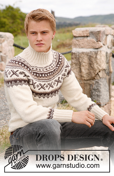 Ivalo / DROPS 135-40 - Strikket sweater til herre, med rundt bærestykke og nordisk mønster i DROPS Karisma. Str S - XXXL