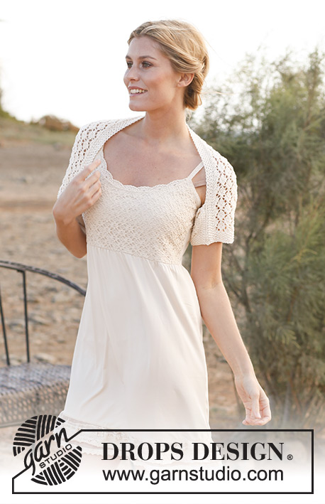 Apple Blossoms / DROPS 138-29 - Knitted DROPS bolero with lace pattern in ”Cotton Light”. Size: S - XXXL.