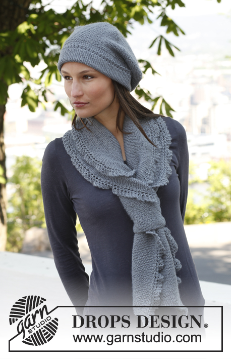 Emily / DROPS 140-38 - Knitted DROPS beret and scarf in garter st with lace edges in ”BabyAlpaca Silk”.
