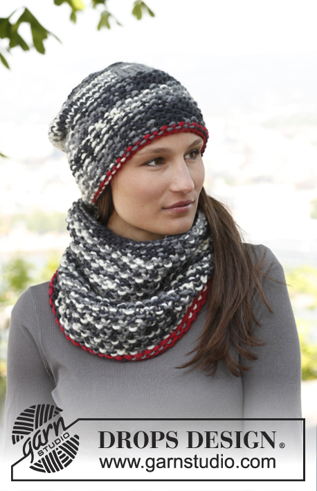 Lexie / DROPS 140-43 - Knitted DROPS neck warmer and hat in seed st in ”Snow”.