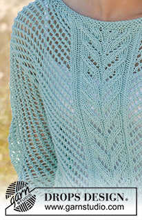 Shell / DROPS 145-14 - DROPS pulovr s copánky a dírkovým vzorem pletený z příze Cotton Light. Velikost: S-XXXL.