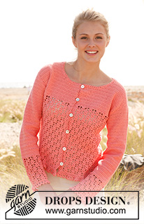 Peach blossom / DROPS 147-38 - Crochet DROPS jacket with lace pattern and flounce at the bottom in ”Safran”.  Size S - XXXL
