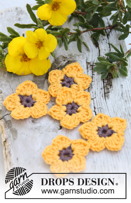 Potentilla / DROPS 147-48 - Crochet DROPS potentilla flowers in ”Safran”.