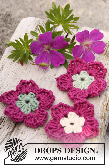 Geranium / DROPS 147-57 - Crochet DROPS geranium flowers in ”Safran”.