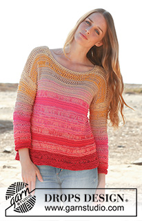 Candy / DROPS 147-8 - Knitted DROPS jumper in garter st with dropped sts and ¾ sleeves in 2 strands Safran. Size: S - XXXL.