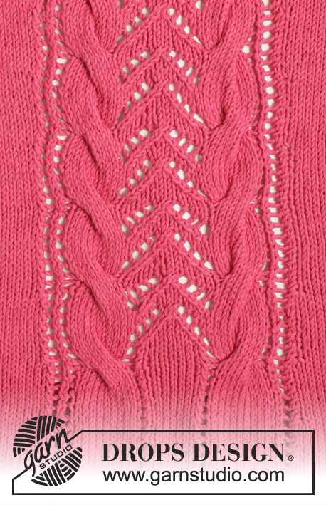 Framboise / DROPS 154-19 - Rozpinany sweterek DROPS z warkoczami i ściegiem ażurowym, z włóczki „Cotton Light”. Od S do XXXL.