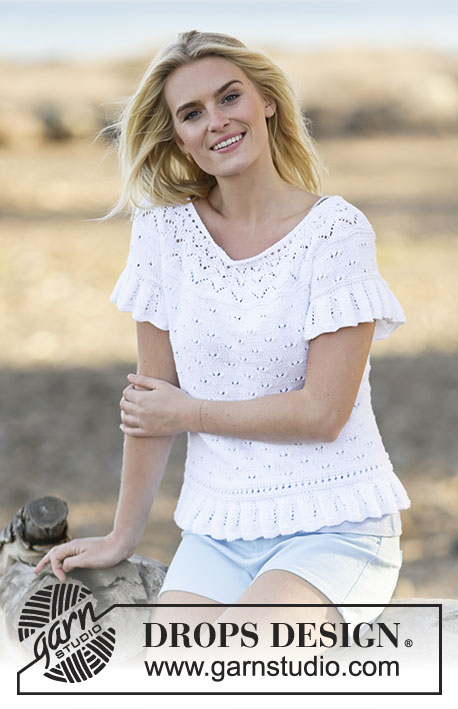White Romance / DROPS 159-12 - Knitted DROPS top with lace pattern, short sleeves and round yoke in ”Safran”. Size: S - XXXL.