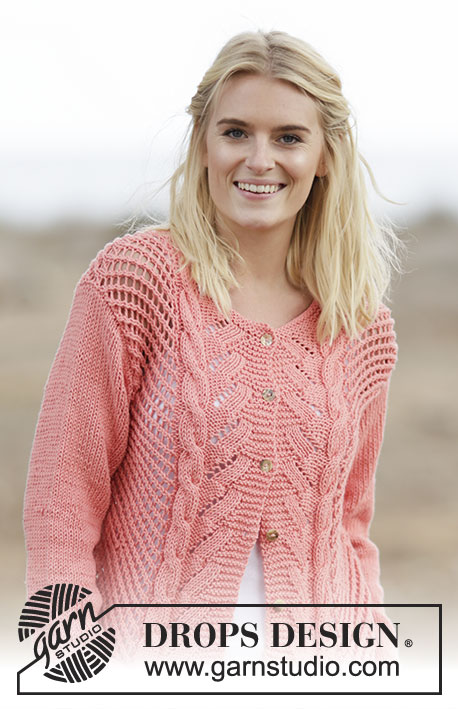 Sweet Peach Cardigan / DROPS 159-15 - Knitted DROPS jacket with lace pattern and cables in ”Paris”. Size: S - XXXL.