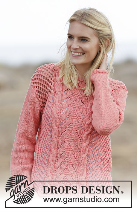Sweet Peach / DROPS 159-16 - Knitted DROPS jumper with lace pattern and cables in ”Paris”. Size: S - XXXL.