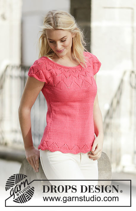 Call It Spring / DROPS 159-4 - Knitted DROPS top in stockinette st with lace pattern and round yoke in ”Muskat”. Size: S - XXXL.