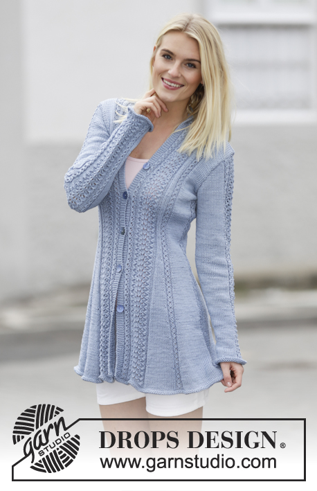 Blue Bird Song / DROPS 161-1 - Knitted DROPS jacket with lace pattern and shawl collar in ”Muskat” or Belle. Size: S - XXXL.