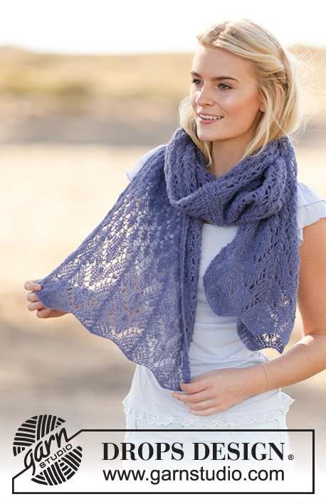 Fleur de Provence / DROPS 161-7 - Knitted DROPS stole with lace pattern in ”Brushed Alpaca Silk”.