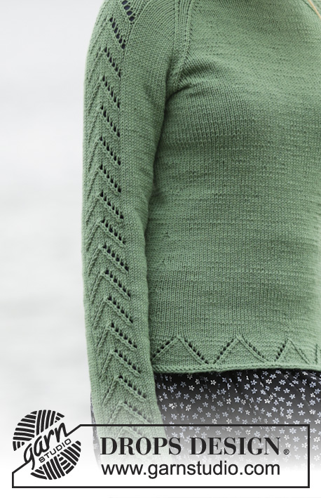 Green Forest / DROPS 164-14 - Knitted DROPS jumper with raglan and lace pattern in ”Cotton Merino” or Belle. Size: S - XXXL.
