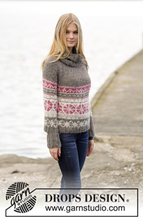 Sweet Winter / DROPS 164-19 - Knitted DROPS jumper with Nordic pattern, round yoke, high collar and rib, worked top down in 2 strands ”Brushed Alpaca Silk” or 1 strand ”Melody”. Size: S - XXXL.