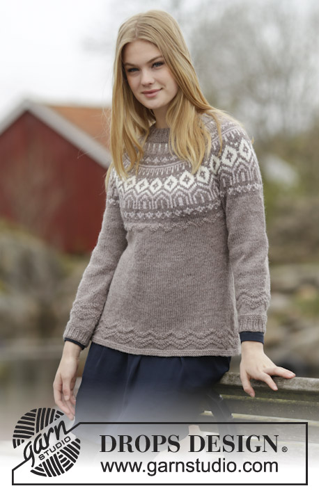 English Afternoon / DROPS 164-23 - Knitted DROPS fitted jumper with round yoke, Nordic pattern and purl stitches, worked top down in ”Karisma”. Size: S - XXXL.