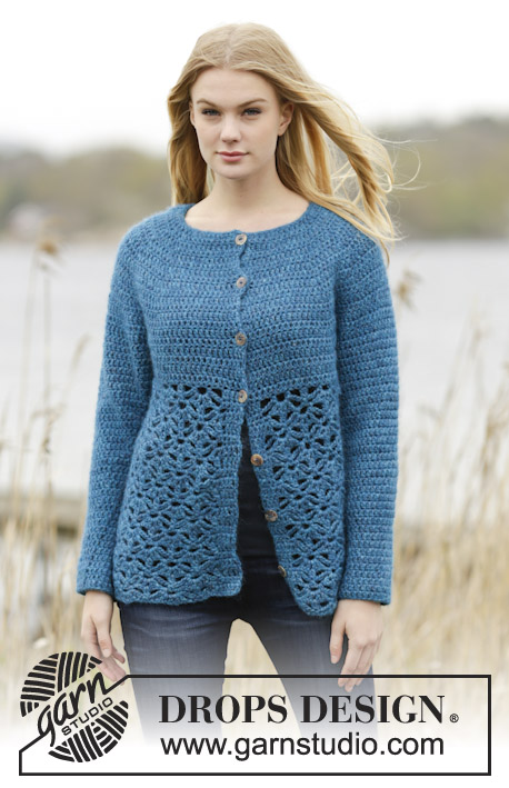Lakeside Cardigan / DROPS 164-33 - Crochet DROPS jacket round yoke, double crochet and lace pattern, worked top down in ”Air”. Size: S - XXXL.