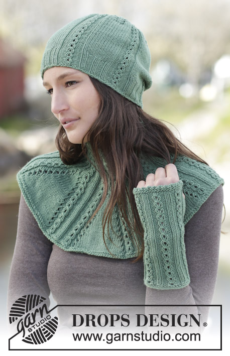 Tourmaline / DROPS 164-39 - Set consists of: Knitted DROPS hat, wrist warmers and neck warmer with small cables and rib in ”Cotton Merino”.