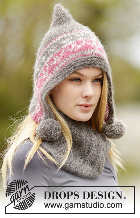 Sweet Winter Hat / DROPS 164-7 - Sættet består af: Strikket DROPS hue i 2 tråde ”Brushed Alpaca Silk” eller 1 tråd ”Melody” med nordisk mønster, pomponer og kant i retstrik, samt strikket hals rib.