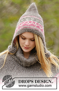 Sweet Winter Hat / DROPS 164-7 - Ensemble DROPS: bonnet tricoté avec 2 fils ”Brushed Alpaca Silk” ou 1 fil ”Melody”  jacquard nordique, pompons et point mousse, et tour de cou en côtes.