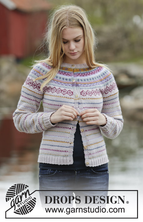 Sweet As Candy Cardigan / DROPS 165-2 - Knitted DROPS jacket with round yoke and multi-coloured pattern in borders in ”Karisma”. Size: S - XXXL.