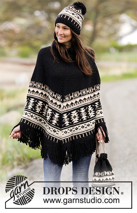 Southwest / DROPS 165-20 - Knitted DROPS poncho with graphic pattern, fringes, high collar in rib, worked top down in ”Nepal”. Size: S - XXXL.
