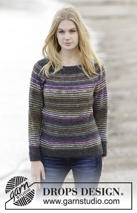 Frosty Morning / DROPS 165-44 - Knitted DROPS fitted jumper with stripes, lace pattern, raglan and round yoke in ”Delight” and ”Alpaca”. Size: S - XXXL.