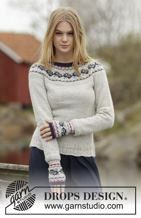 Vintage Rose / DROPS 165-9 - Knitted DROPS jumper with round yoke and rose pattern in Alpaca or Flora. Size: S - XXXL.