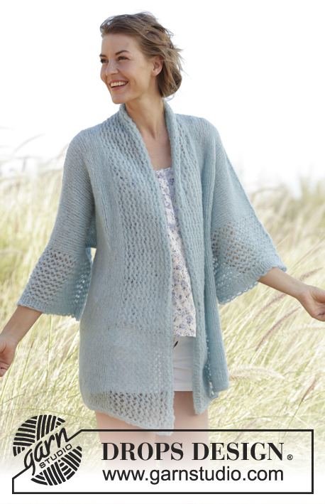 Saltwater / DROPS 168-32 - Knitted DROPS jacket with lace pattern and band collar in ”Brushed Alpaca Silk”. Size: S - XXXL.