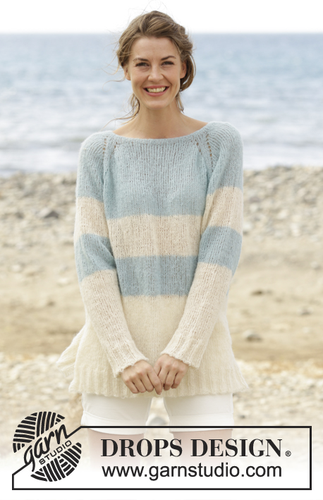 Weekend Getaway / DROPS 169-7 - Knitted DROPS jumper with raglan, vent in the sides and stripes, worked top down in ”Brushed Alpaca Silk”. Size S-XXXL.