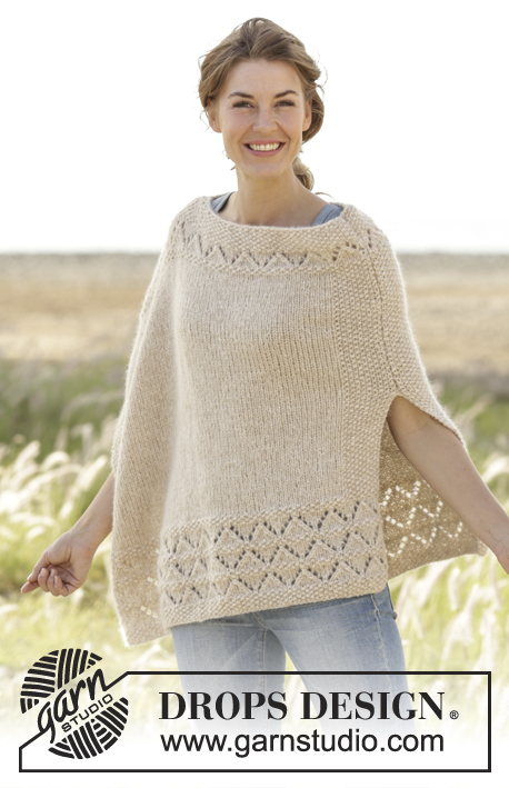 So Classy! / DROPS 170-28 - Knitted DROPS poncho in seed st with lace pattern in ”Air”. Size: S - XXXL.