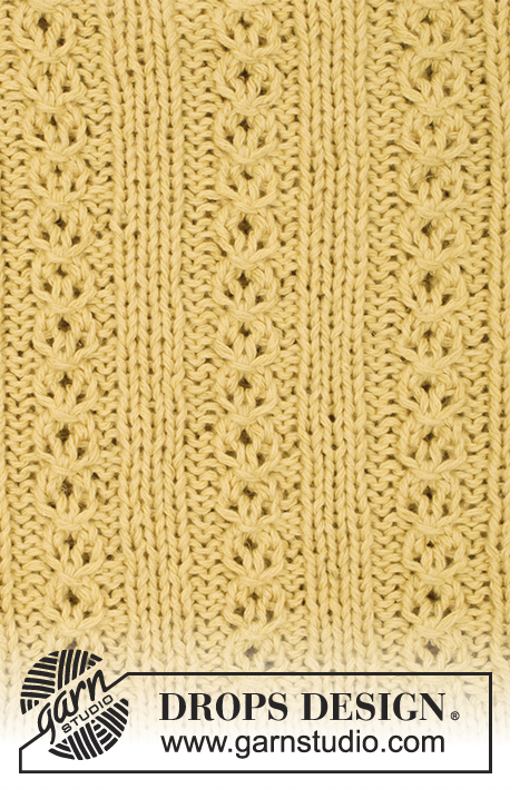Golden Blossom / DROPS 170-29 - Sweter rozpinany DROPS z ażurowym karczkiem i rękawami ¾, z włóczki „Belle”. Od S do XXXL.
