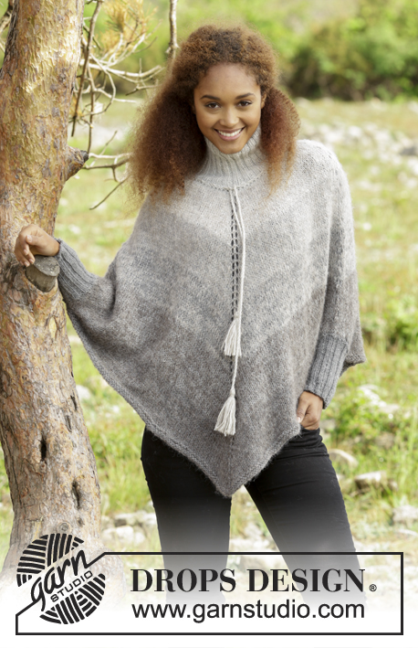 Winter Drizzle / DROPS 171-33 - Knitted DROPS poncho with stripes turtle neck in rib and twined string with tassels, worked top down in ”Alpaca” and ”Brushed Alpaca Silk”. Size: S - XXXL.