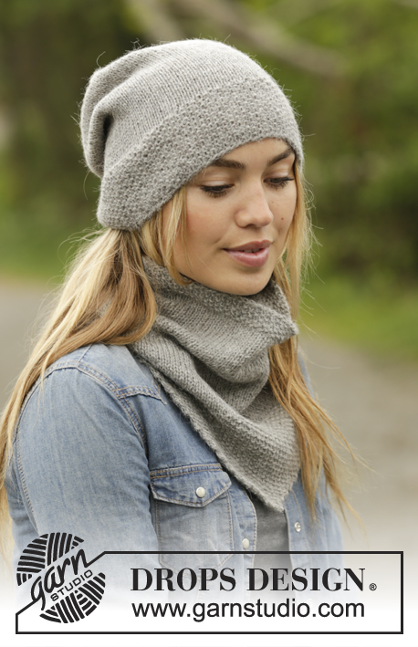 Seattle / DROPS 171-44 - Set consists of: Knitted DROPS neck warmer and hat with edge in moss st in ”Karisma”.