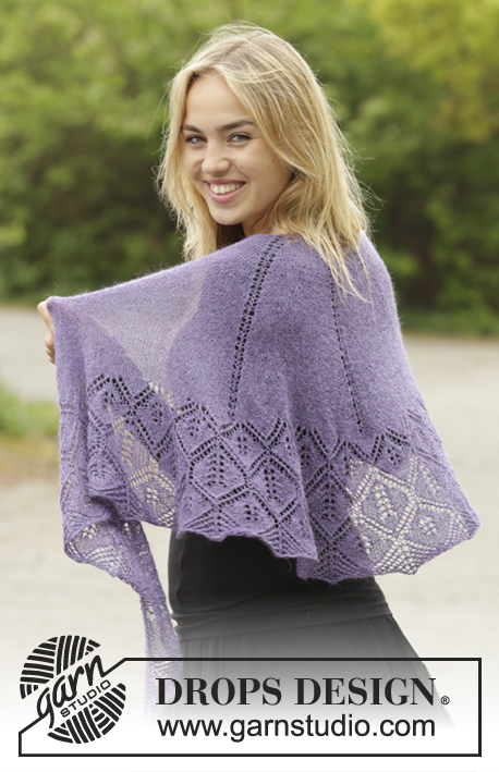 Angelique / DROPS 171-47 - Knitted DROPS half-moon shaped shawl in stocking st with lace pattern in ”Lace”.