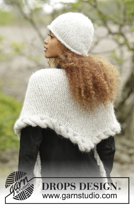Winter Cozy / DROPS 172-10 - Set consists of: Knitted DROPS hat in “Cloud” or Air and shawl worked from side to side in garter st with cable edge in “Cloud” or Air.
