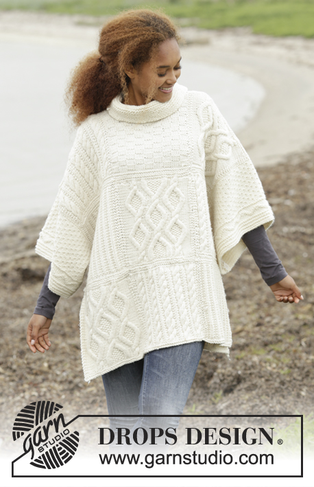 Comfort Chronicles / DROPS 172-22 - Knitted DROPS poncho with sleeves, vents, squares in cables and textured pattern in ”Nepal”. One-size