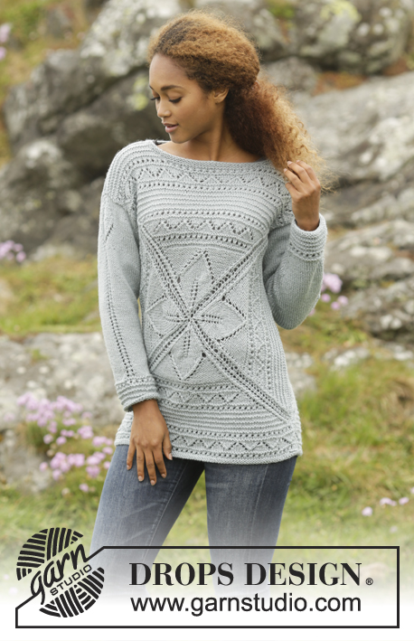 Lucky Charm / DROPS 172-3 - Knitted DROPS jumper with leaf pattern, lace pattern and ridges, worked from the middle and outwards in a square in ”Cotton Merino”. Size: S - XXXL.