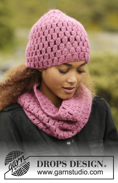 Rosaline / DROPS 172-6 - Crochet DROPS hat and neck warmer with bobbles in ”Air”.