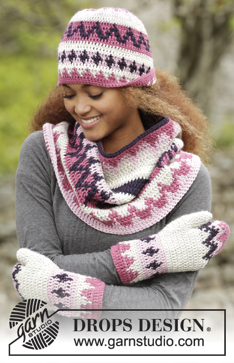 Pink Maze / DROPS 172-9 - Crochet DROPS hat, neck warmer and mittens with multi-coloured pattern in “Nepal”.