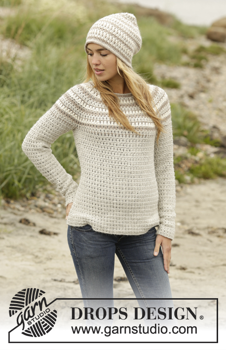 Misty Mountain / DROPS 173-37 - Crochet DROPS jumper and hat with stripes, worked top down in “Puna”. Size: S - XXXL.