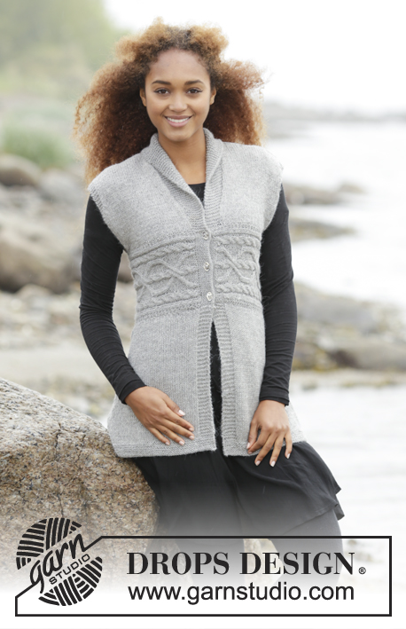 Millicent / DROPS 173-39 - Knitted DROPS vest with cable border in waist and shawl collar in “Puna”. Size: S - XXXL.