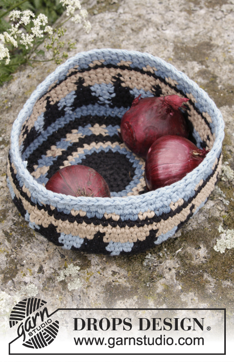 Maia Basket / DROPS 173-53 - Crochet DROPS basket with colour pattern in 2 strands Paris.