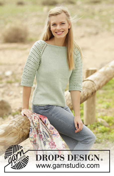 Petronella / DROPS 175-31 - Knitted jumper with raglan and lace pattern, worked top down with 3/4-length sleeves in DROPS Muskat. Sizes S - XXXL.