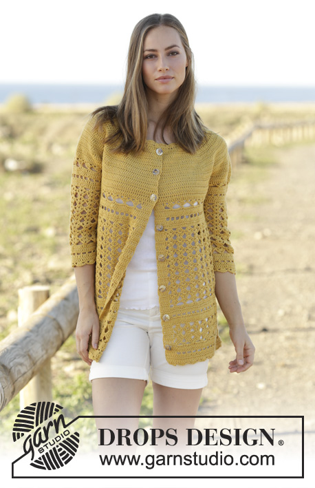 Sahara Cardigan / DROPS 176-17 - Crochet jacket with lace pattern, worked top down in DROPS Cotton Merino. Sizes S - XXXL.