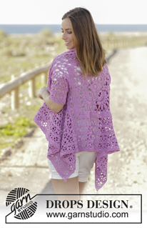 Lilac Dream / DROPS 177-28 - Crochet jacket worked in a square with lace pattern and short sleeves in DROPS Cotton Light. Size: S - XXXL
